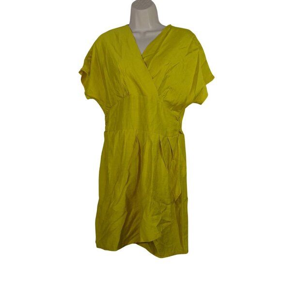 Shein Yellow Gold Surplice V-Neck Faux Wrap Dress Short Sleeve Women Size L - Picture 1 of 10